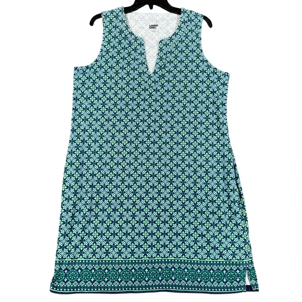 Lands End Sleeveless Shift Dress Womens L Blue Green Geometric Casual Summer